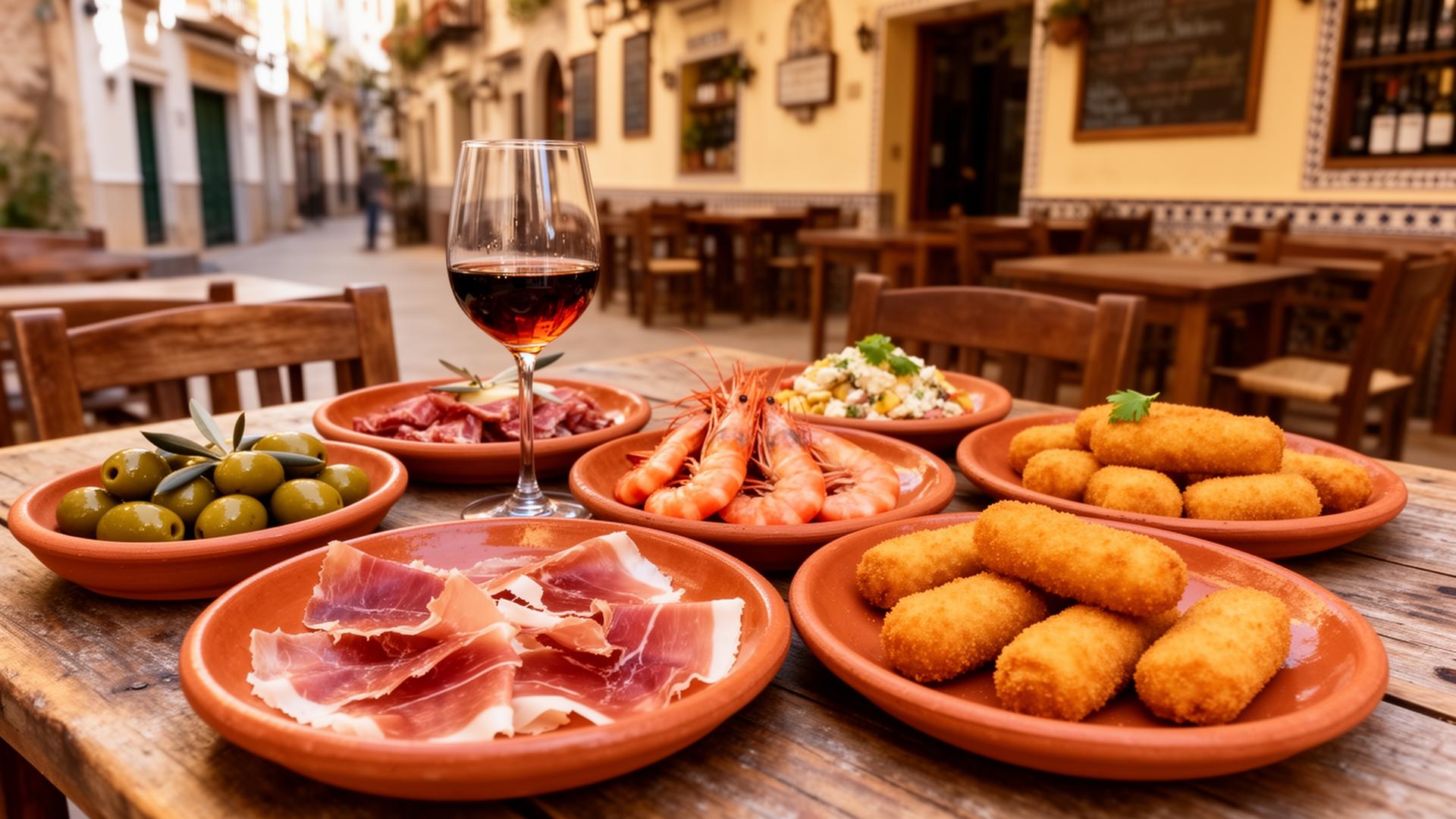 Spread of Spanish tapas with jamón, gambas, croquetas and olives on a rustic table in a Marbella old town taverna