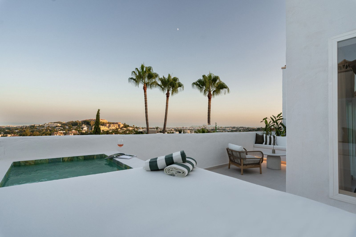 Sunset terrace with plunge pool and palms, Nueva Andalucía