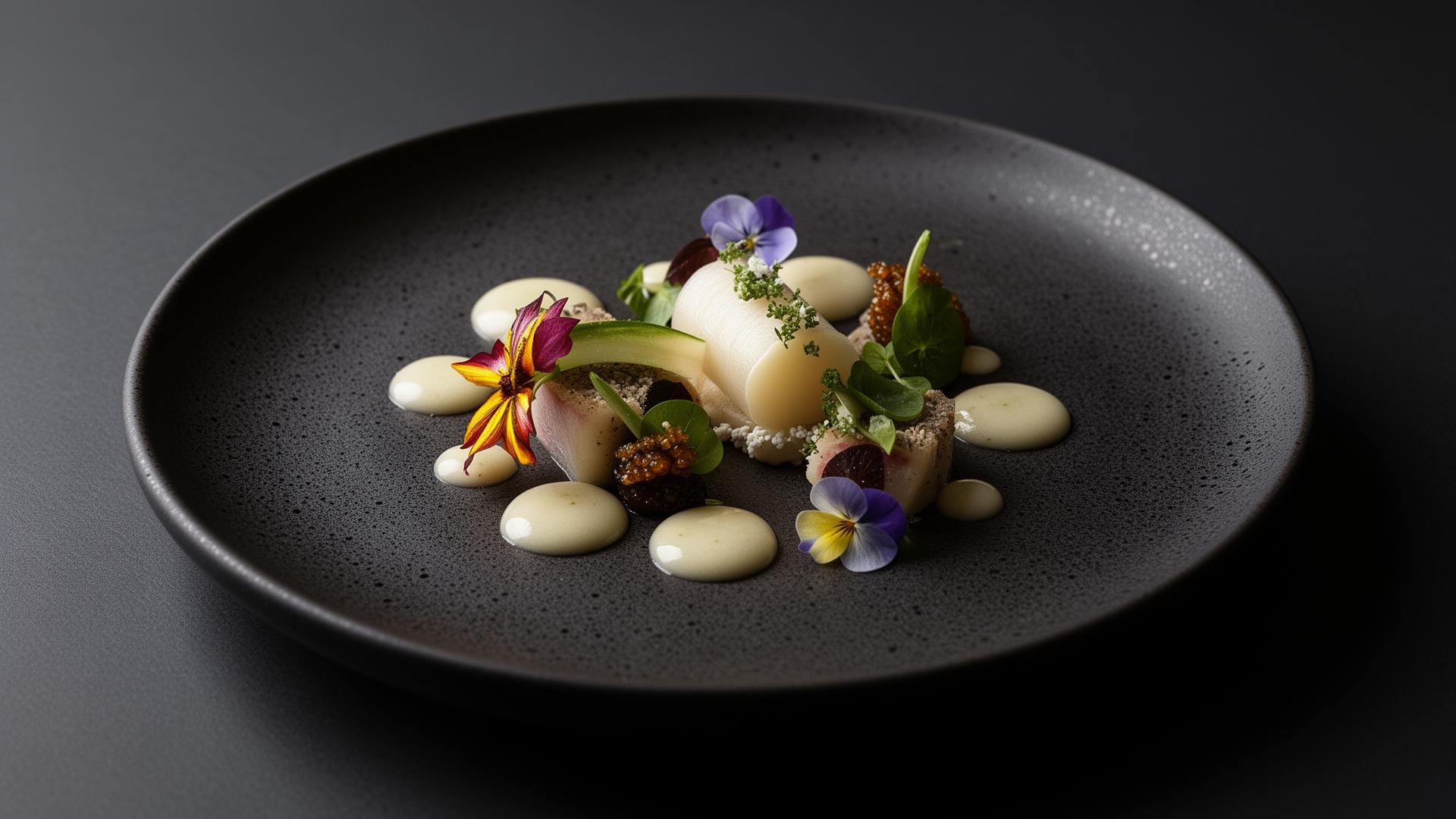 Michelin-starred tasting menu plate with precise plating, edible flowers and sauce dots on dark ceramic