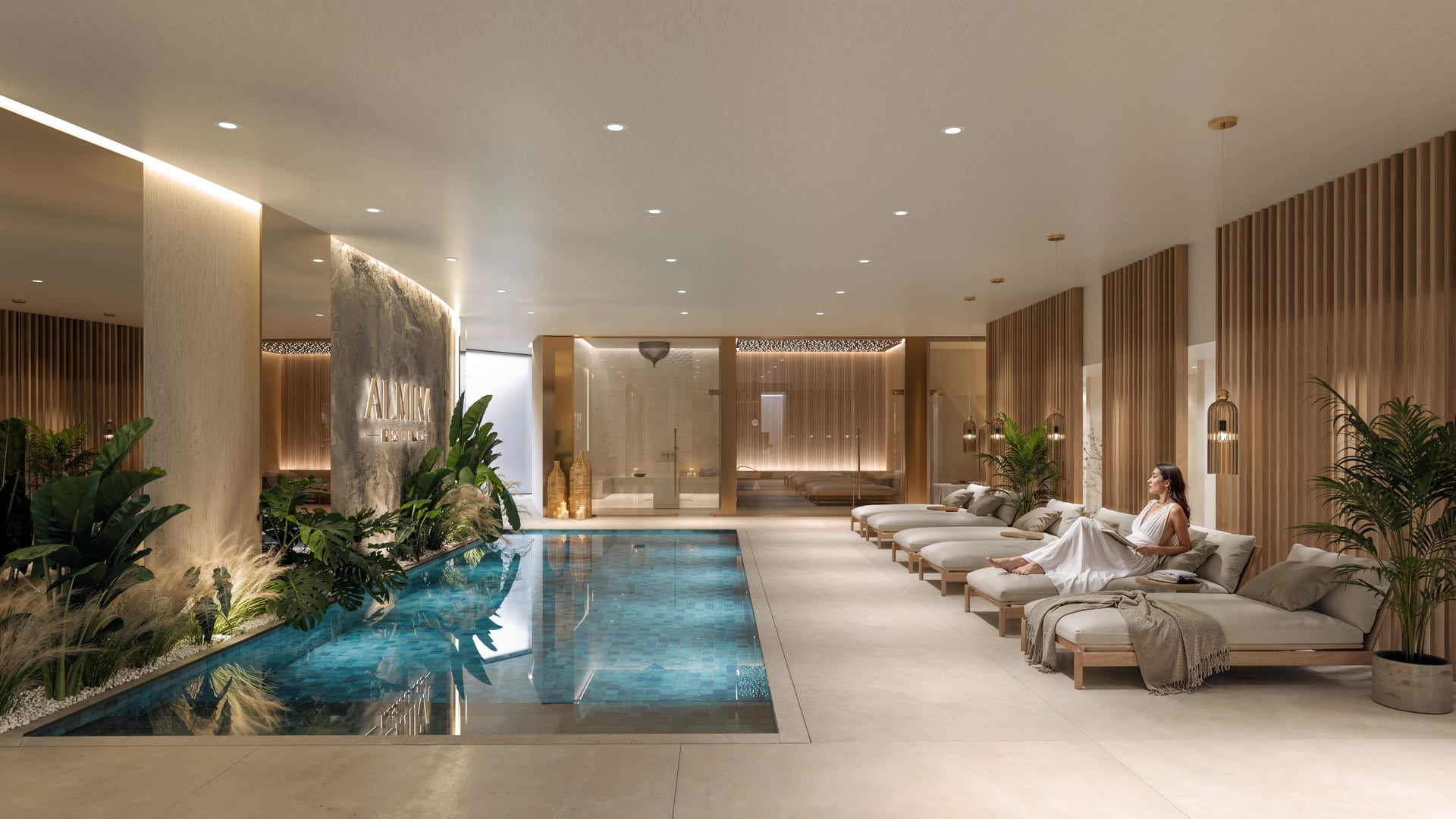 Private residential spa in Marbella with elegant treatment beds, warm lighting and marble finishes
