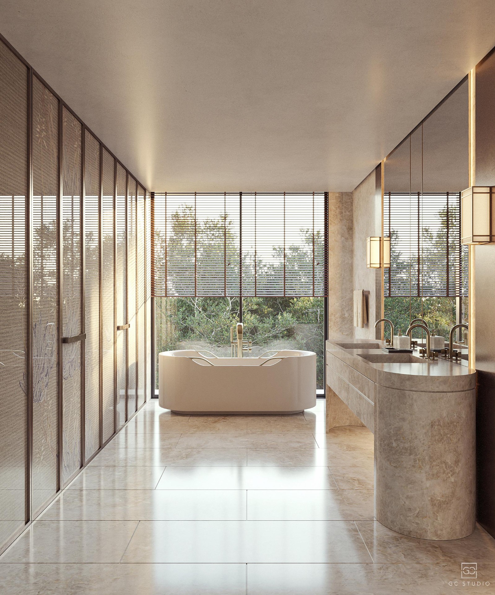 Armani Residences Marbella spa-style bathroom with freestanding bath, travertine surfaces and garden views