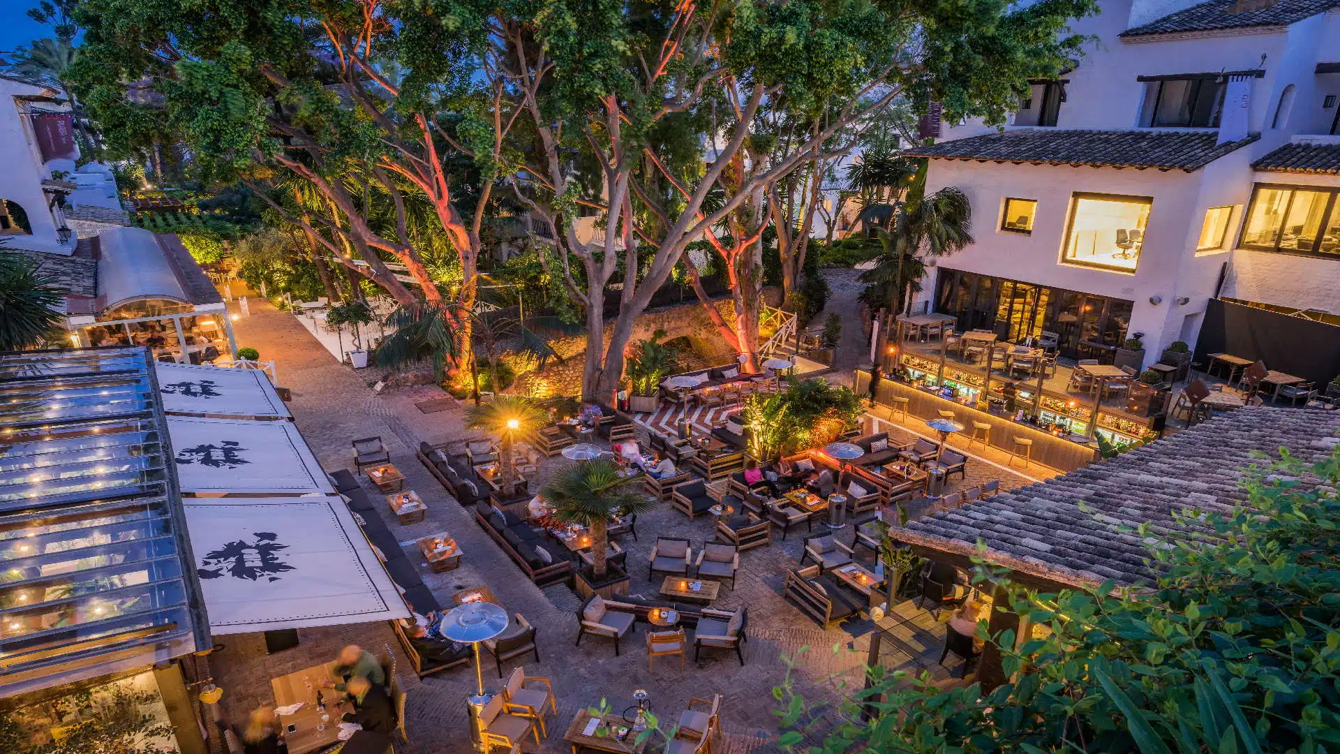 La Plaza at Puente Romano at night, lantern-lit terrace under old trees with lounge seating and bar