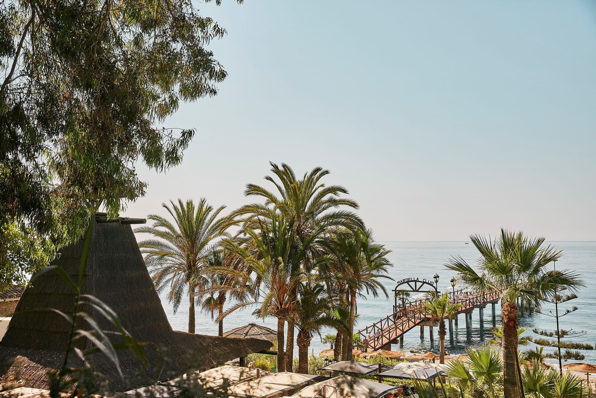 View over Marbella Club beach with palm trees, thatched parasols and the iconic Marbella Club pier reaching into the Mediterranean