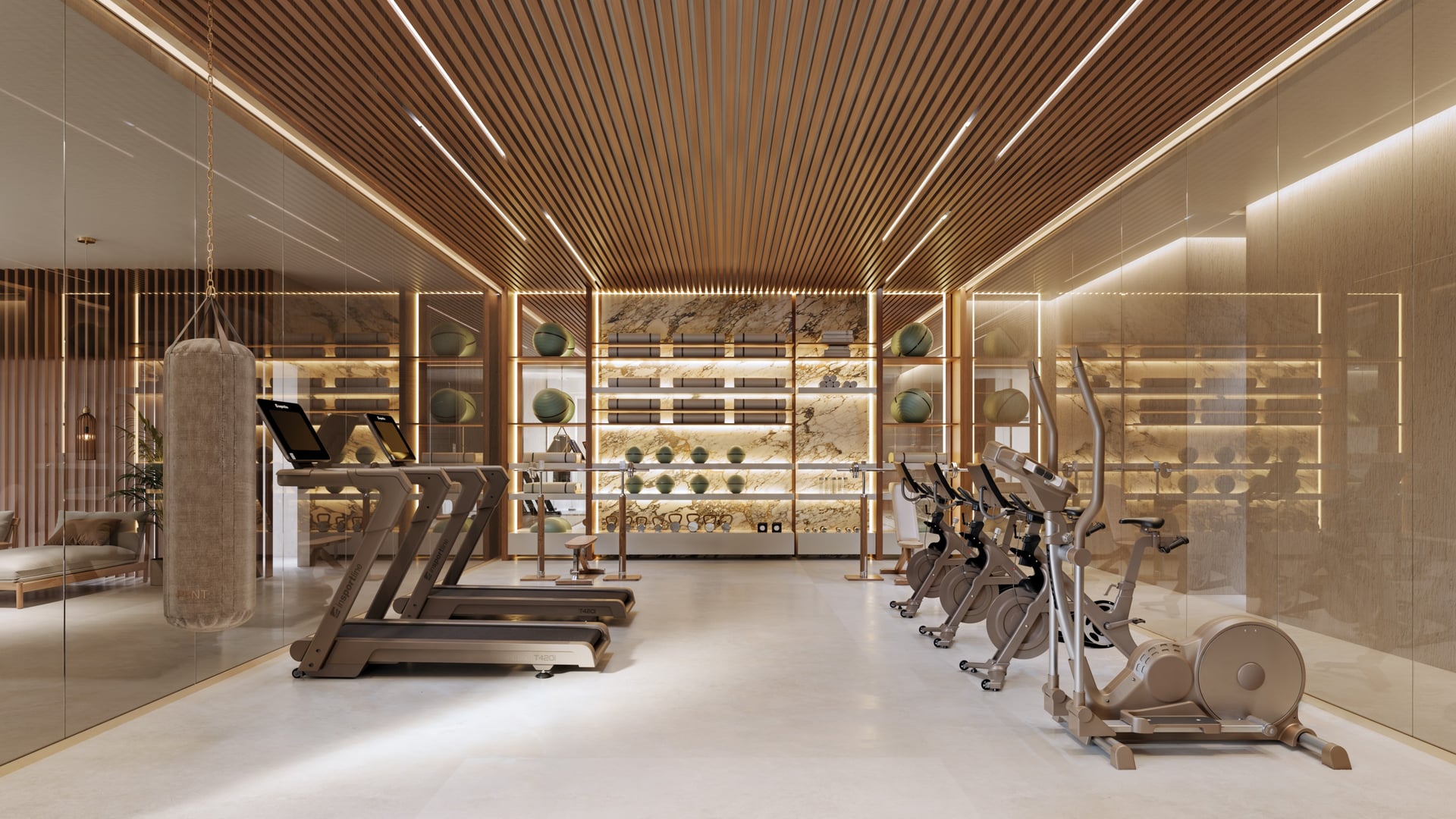 High-end private gym in Marbella with modern equipment, natural light and clean architectural lines