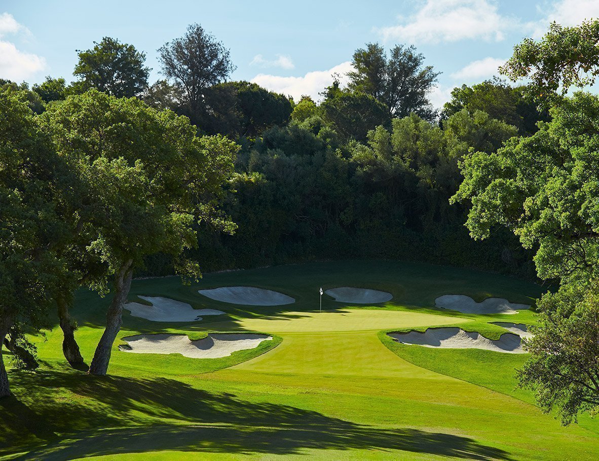 Sotogrande golf course at sunset with mature umbrella pines silhouetted against a calm Mediterranean sea