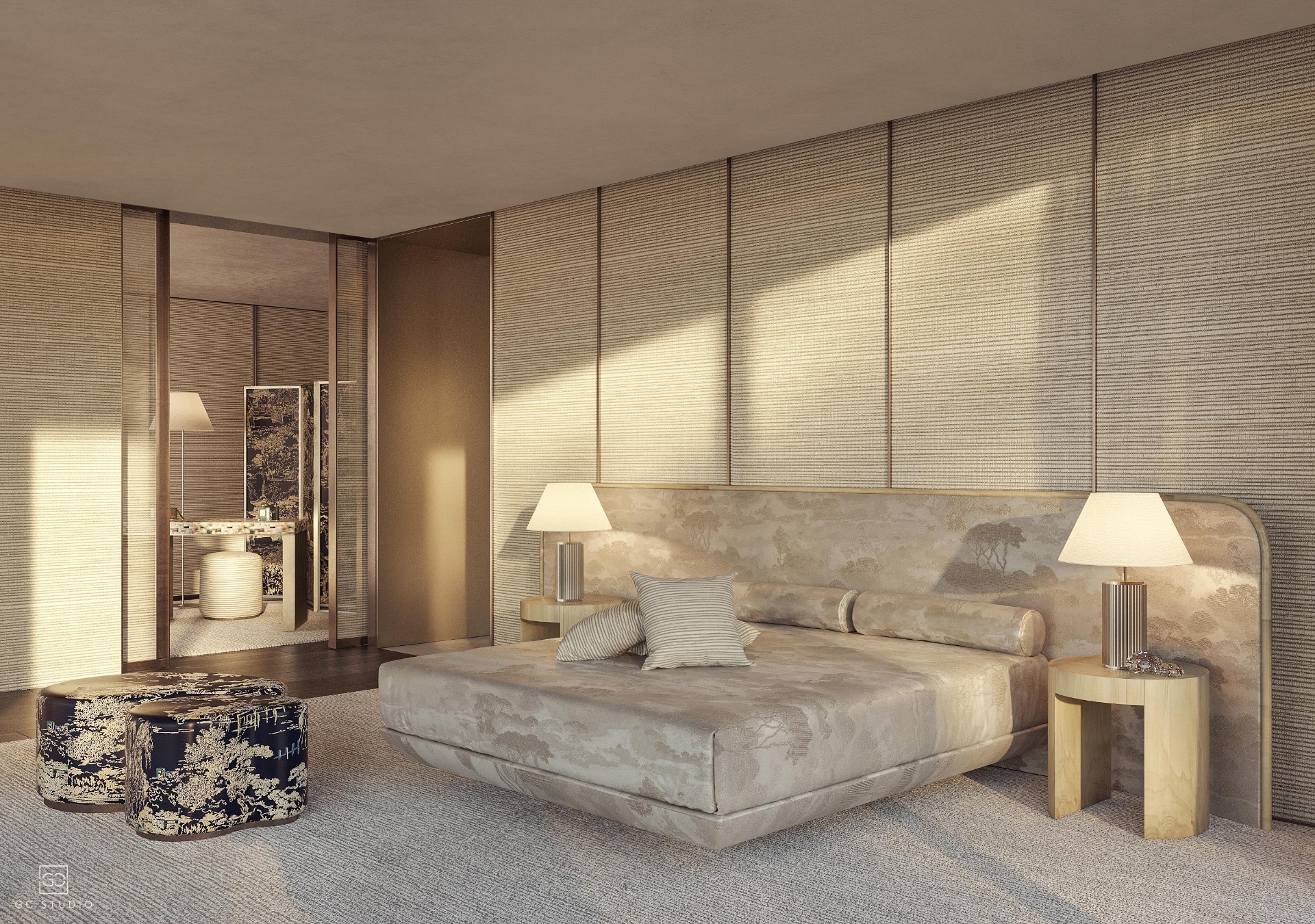 Armani/Casa master bedroom interior at Armani Residences Marbella — textured wall panels, sculpted headboard and bespoke lighting