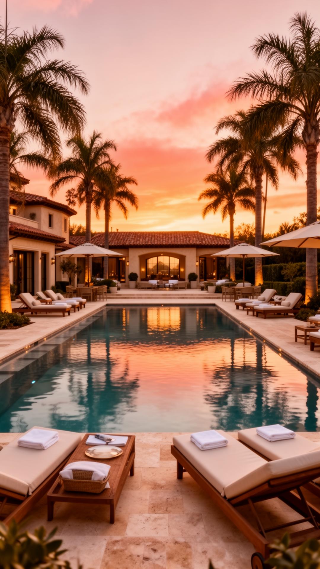 Illuminated infinity pool surrounded by Mediterranean gardens at LEVA Estate
